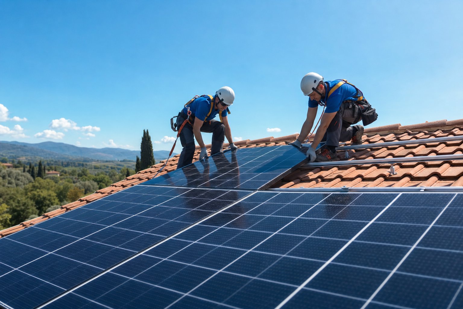 Installazione di pannelli solari sul tetto di una casa