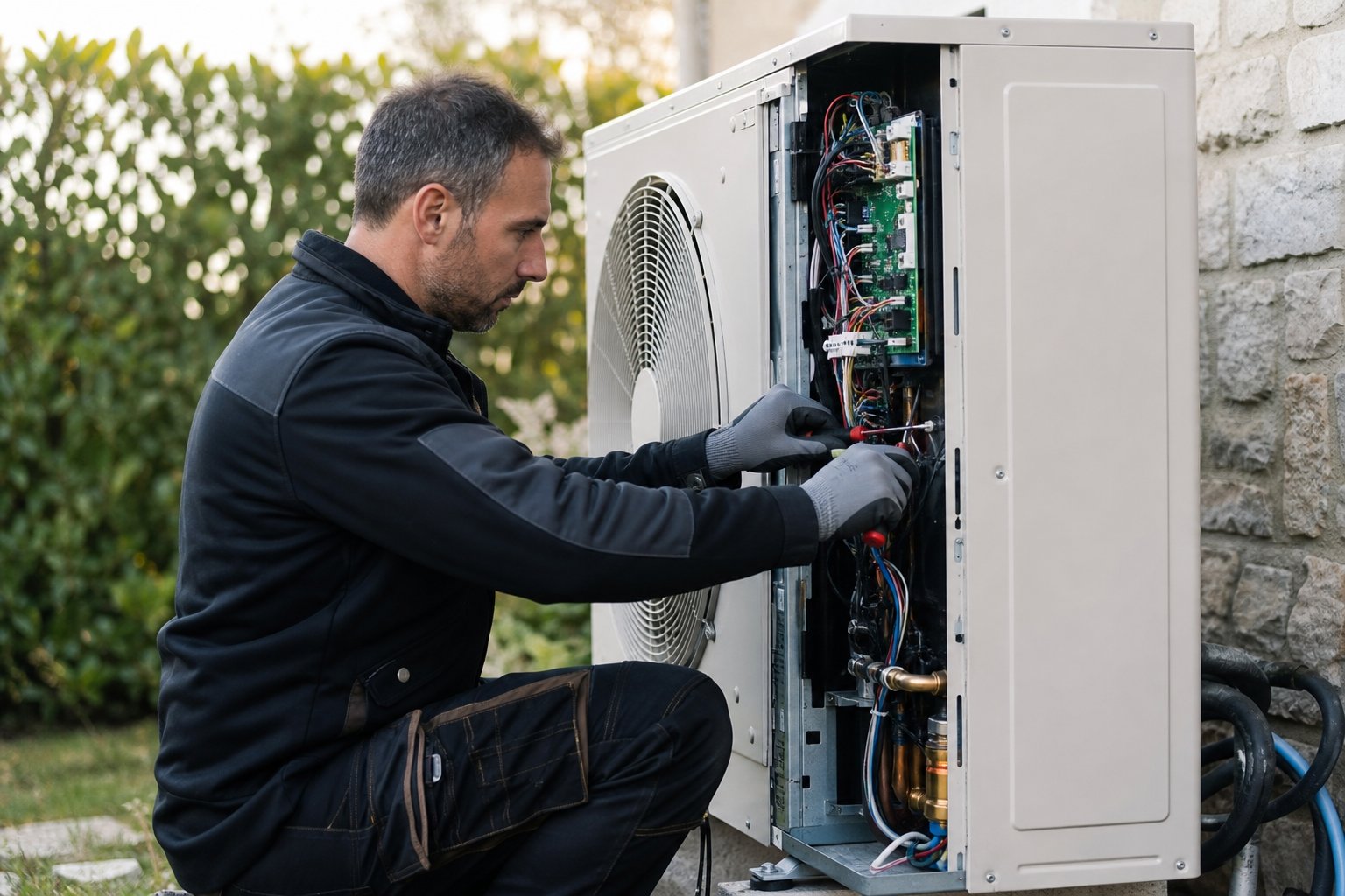 Tecnico durante la manutenzione di una pompa di calore